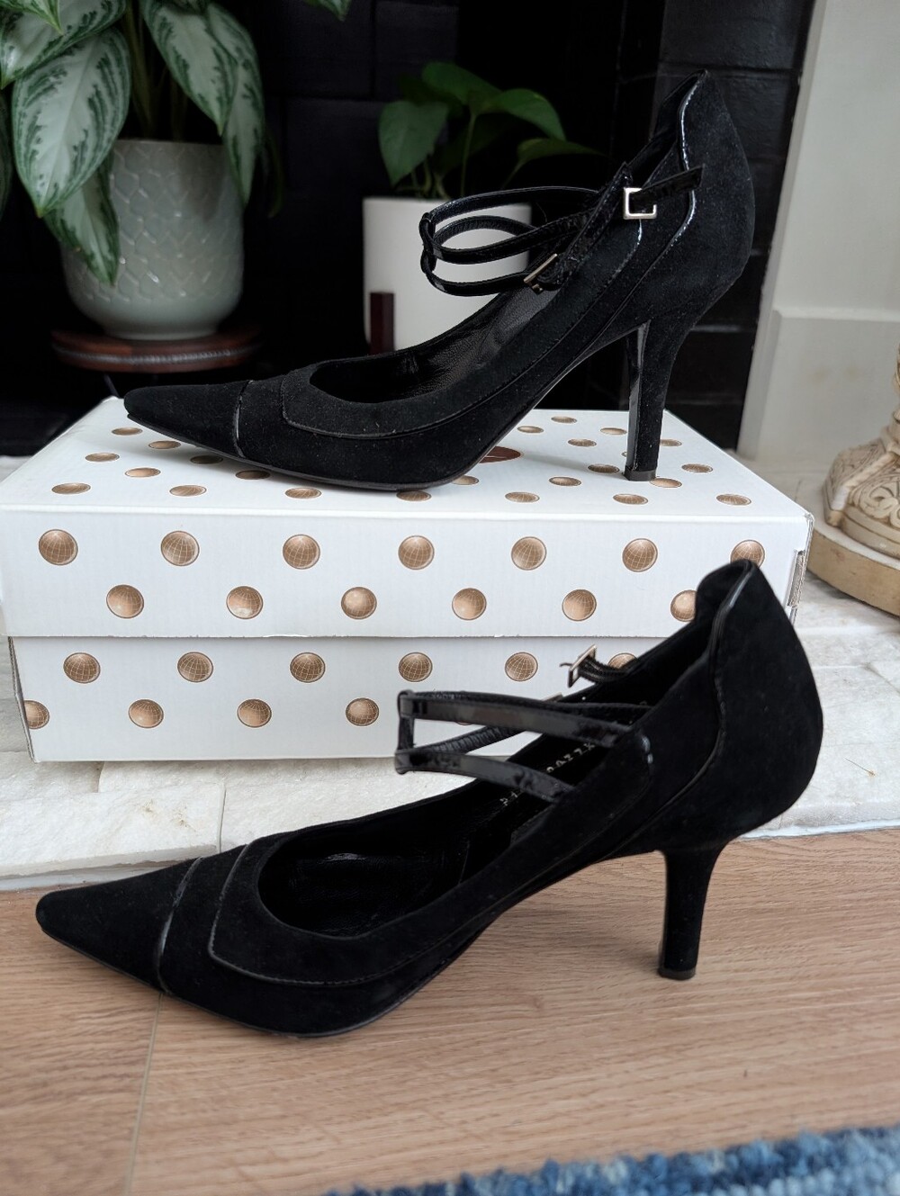 Black Pollini Suede Pointed-Toe Ankle-Strap Heels